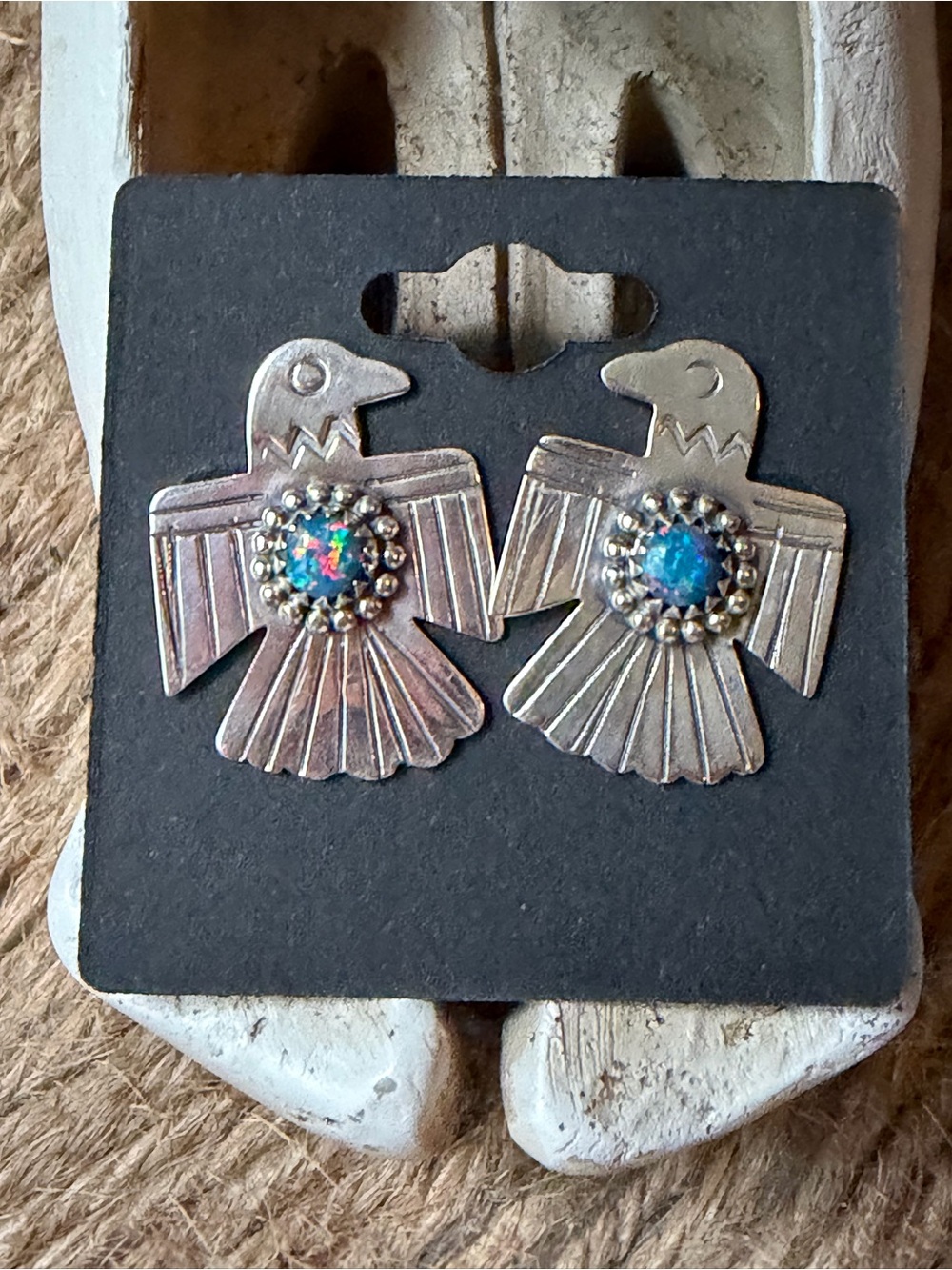 Sterling Silver Thunderbird Earrings with Blue Opal Accent - Women Jewelry